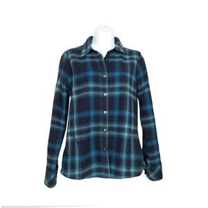 Orvis Shirt Jacket Fleece Women Flannel Snap Front Side Pockets Blue Plaid Small